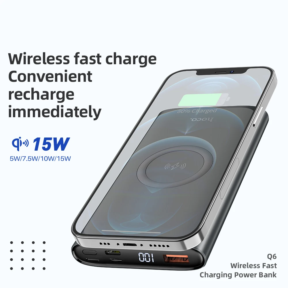 hoco power bank 10000mah 22 5ｗ pd fast charging with 15w wireless charging powerbank portable battery charge for iphone 13 12 11 free global s