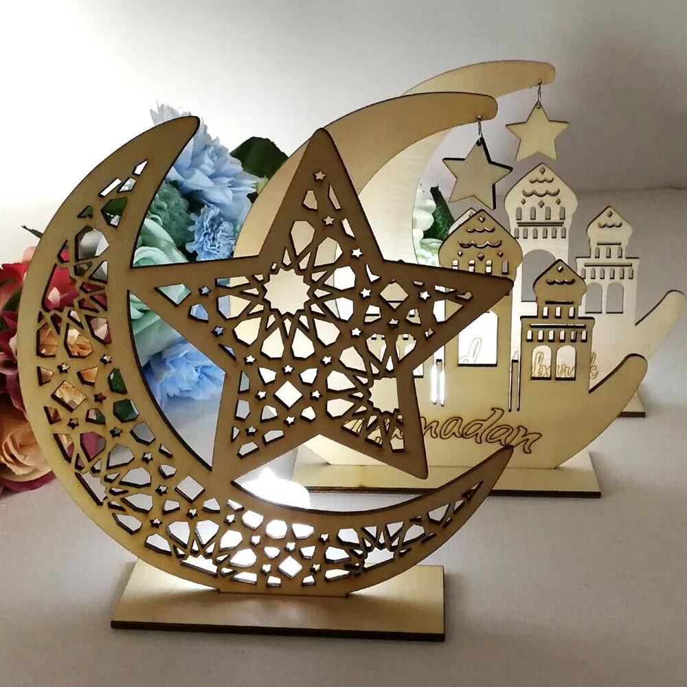 

Ramadan Eid Mubarak Simplicity Wooden Hollow Craft Decorations with 2PCS Candles Home Cafe Mall Restaurant Party Desktop Decors