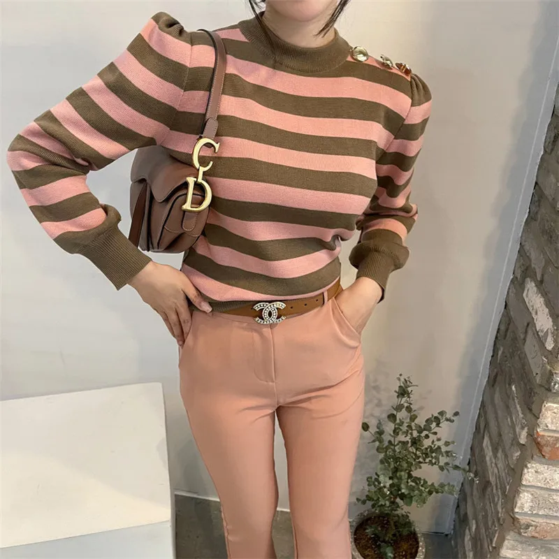 

hit color patchwork all-match basic slim-fit sweater eraly spring simple striped baisc bottoming sweater elegant fashion wear