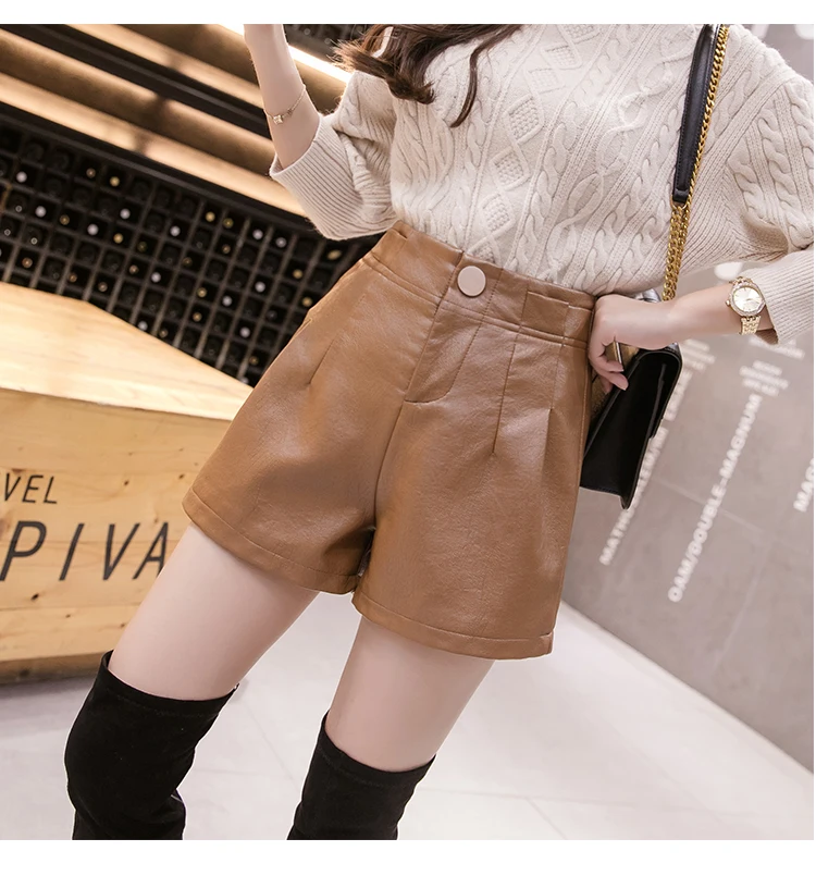 Женские шорты с широкими штанинами из искусственной кожи; сезон осень-зима; новые модные корейские черные женские шорты с высокой талией из искусственной кожи; короткие женские шорты