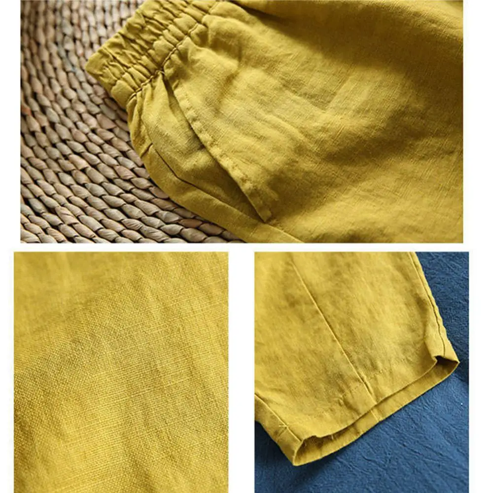 

2021 Women Spring Summer High Waist Solid Color Pockets Loose Cotton Casual Linen Wide Leg Trousers Ninth Harem Pants grunge