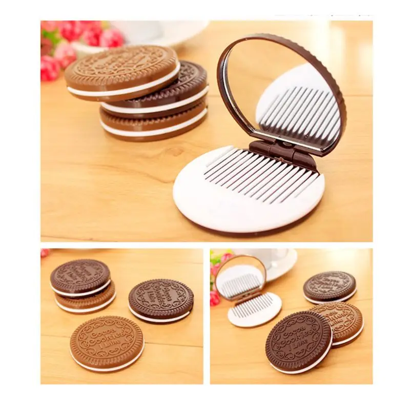 

Women Girls Chocolate Cookie Mini Pocket Mirror With Comb Princess Portable Sandwich Biscuit Shape Makeup Cosmetic Folding Mirro