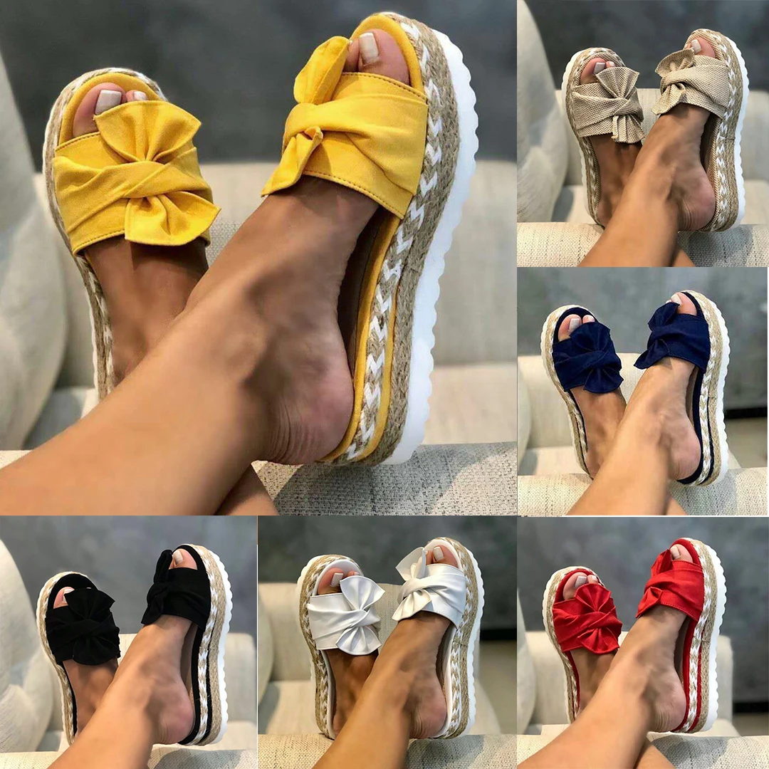 

2021 Womens sandals heels Platform High Wedge slippers bow outdoor Beach Female thick sole slides sandals Summer Girls Shoes