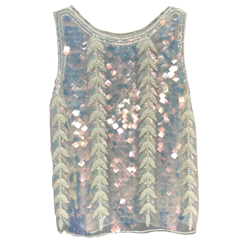 

Outer Wear High-End Chiffon Beaded Sleeveless Sequins Vest Shirt Women's Thin Vest Loose Korean Style Sequined Tank Top Dance