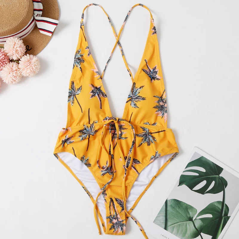 

Deep V Neck Swimsuit Bandage Bathing Suits Leaf Print Beachwear Halter Swimwear Women Sexy One Piece Suits Mujer Biquini