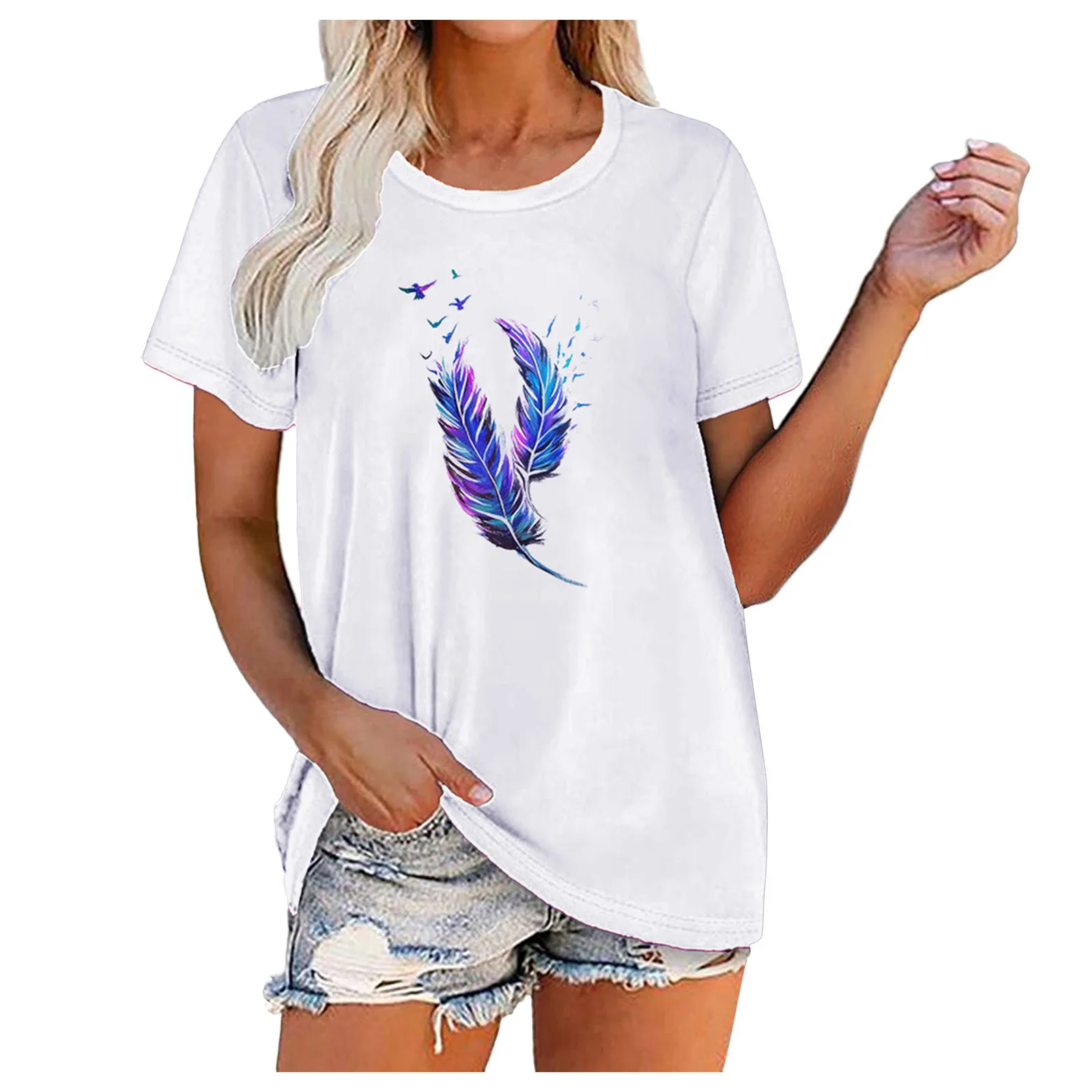 

Bright Feathers Pattern Tshirts Blusas Elegantes Mujer Womens Printed O Neck Short Sleeve Tops T-shirt Harajuku Graphic T Shirts