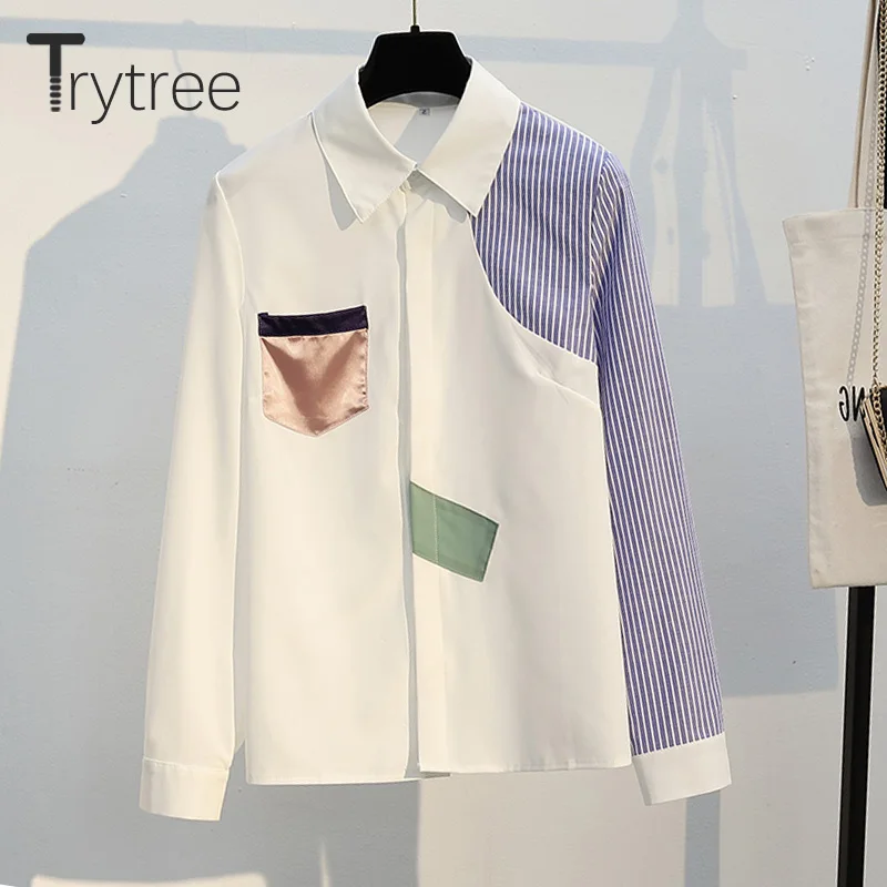 Trytree/осенний женский топ, комплект из двух предметов, повседневный топ с отложным воротником, лоскутные карманы, блузка, Топы+ юбка, плиссированная мини, комплект из 2 предметов