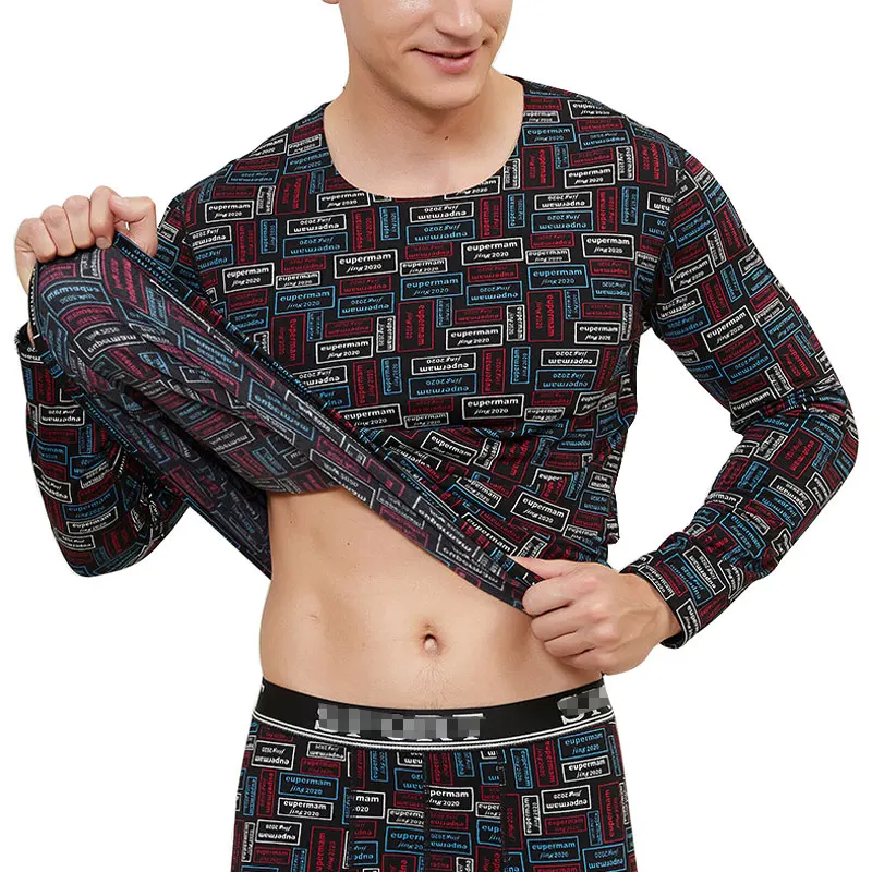 

Fashion Thermal Underwear Men Seamless Round Neck Thin Velvet Printing Winter Clothes Men Keep Warm Men's thermal underwear