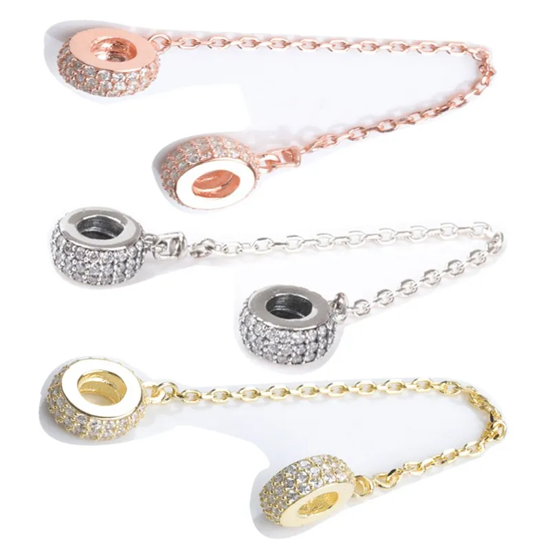 

Original 925 Sterling Silver Tricolor Circle With Crystal Cz Safety Chain Fit Pan Women Bracelet & Necklace Diy Jewelry