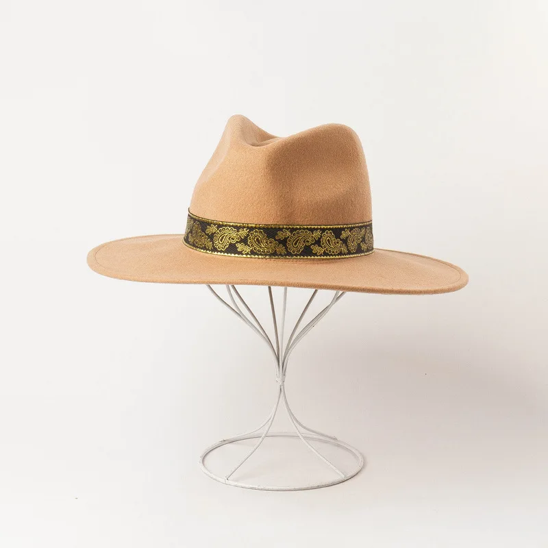 Autumn Winter Fashion wool Embroidery decorative ribbon Wide Jazz Shopping Tourist Style Felt Fedoras Hats for Women Men - Цвет: Коричневый