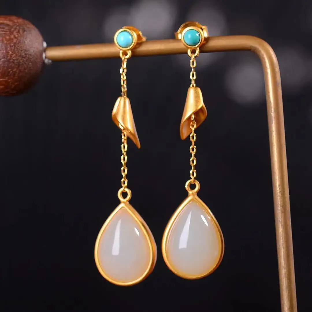 

Natural 925 silver inlaid Hetian jade drop with turquoise earrings