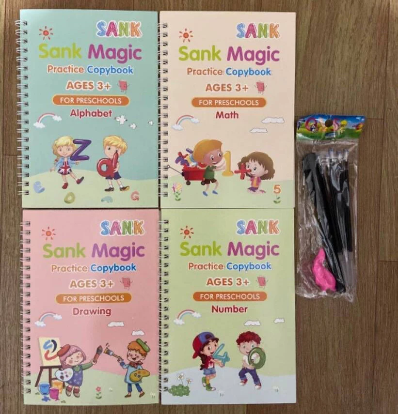

4 Books/Sets of Children's Magic Books, Reusable 3D Calligraphy Copybooks, English Number Lettering Magic Practice Copybooks