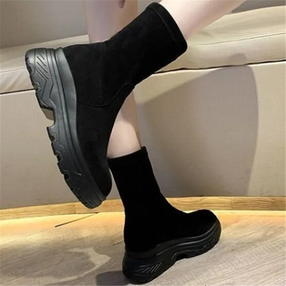 

Winter Platform Shoe Woman Ankle Boots Suede Equestrian Thick Sole Non Slip Women Chunky Shoe Fashion Slim Long Boot Black 36-40