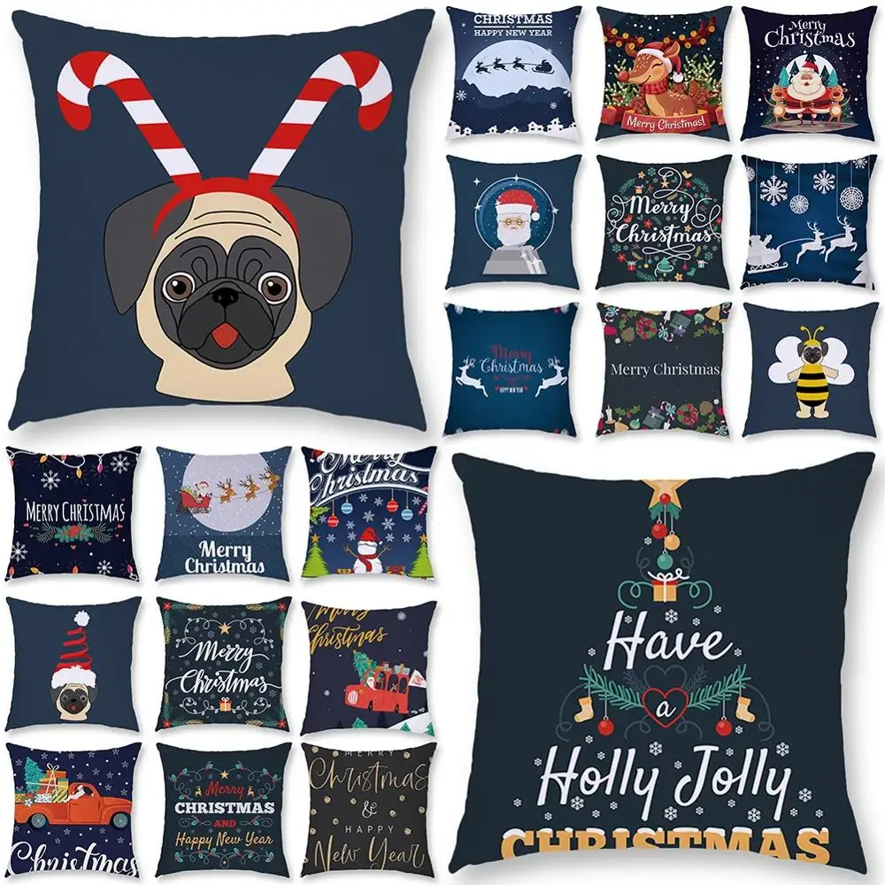 

Pinksee Blue Christmas Cartoon Theme Cotton Linen Square Sofa Cushion Cover Living Room Waist Pillowcase Comfortable Home Decor