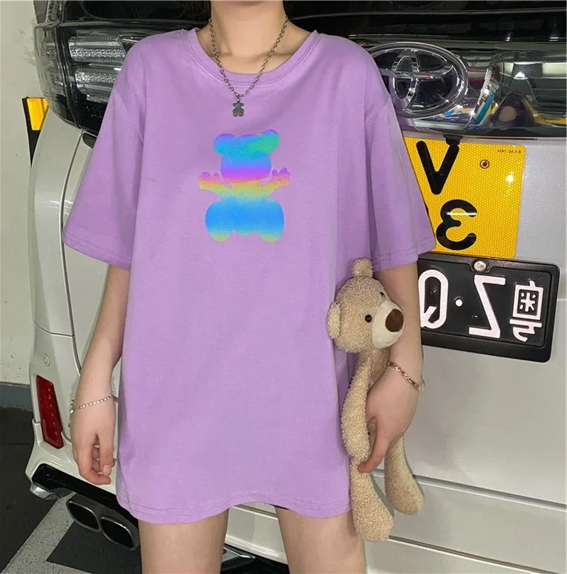 

MINGLIUSILI Korean Fashion T-shirts for Women Y2k Fashion Reflective Bear Print Top Female Summer Short Sleeve Vintage T Shirt