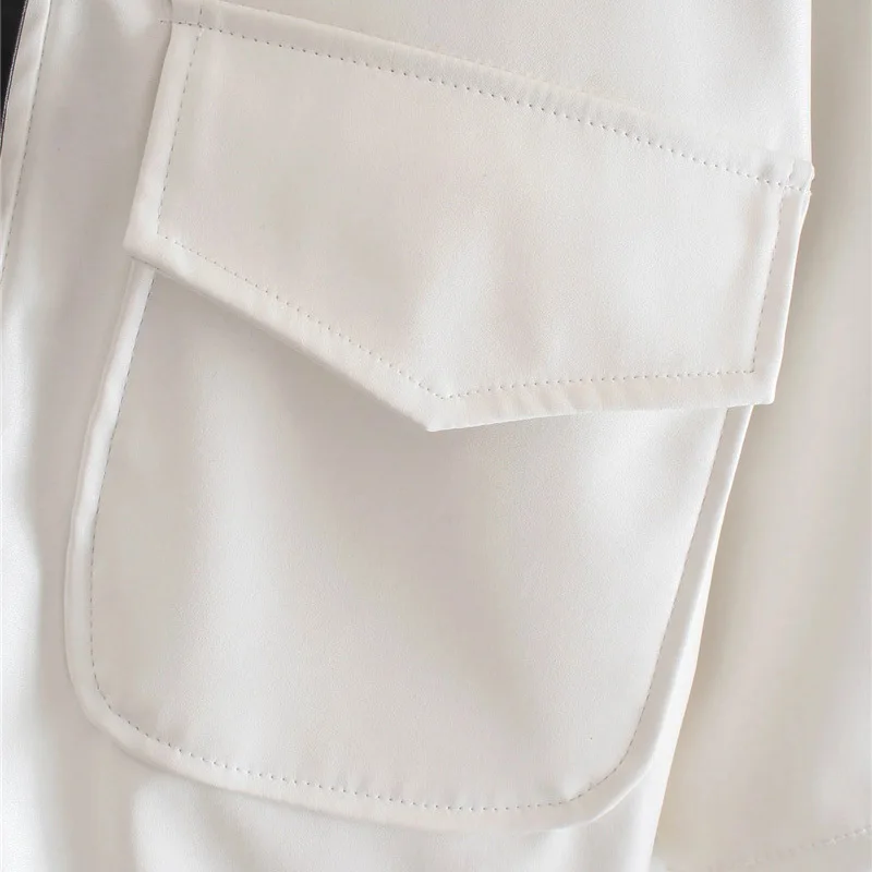 

PU Leather Patchwork White Blouse Women Turn Down Collar Short Sleeve Pockets Button Up Loose Shirts Female Summer Casual Tops