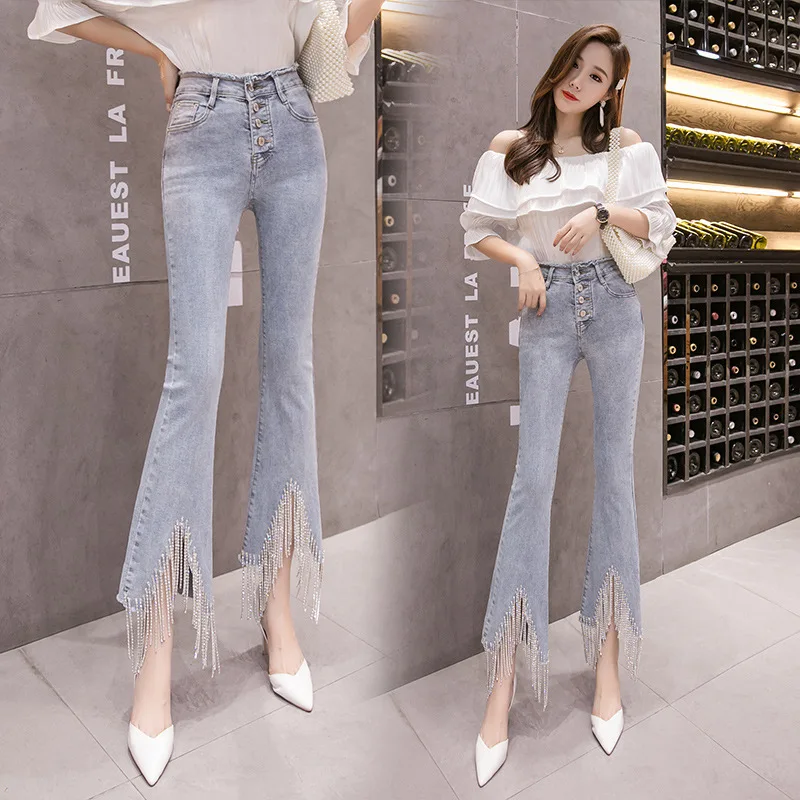 

New Autumn Jeans Women With Diamond Chains Tassels Irregular Fur Trim Horn Pants Nine-Minute Trousers Single-Breasted Jeans