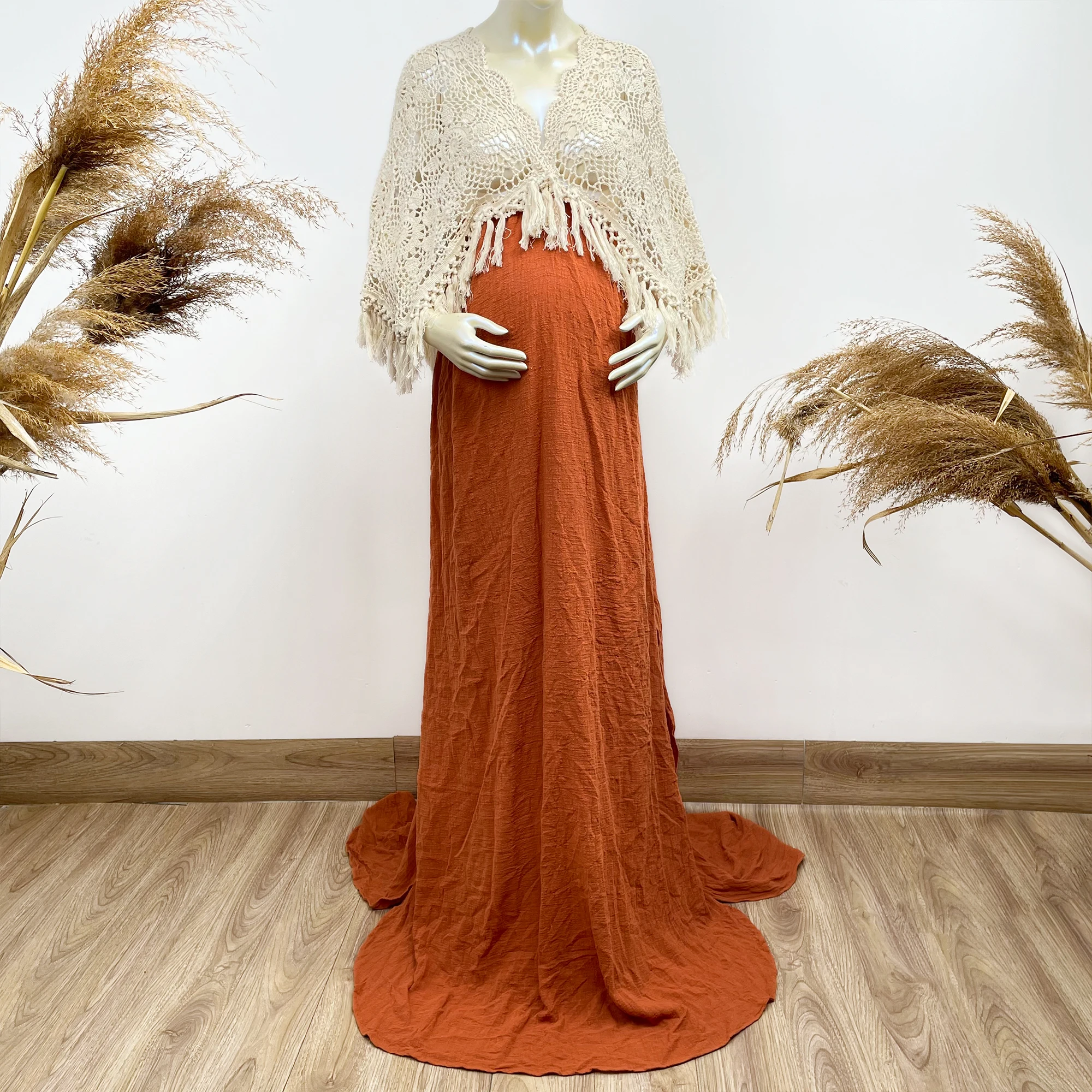 

Boho Cotton Photo Shoot Half Sleeves Robe Maternity Dresses with Tassels Evening Party Costume for Women Photography Accessories