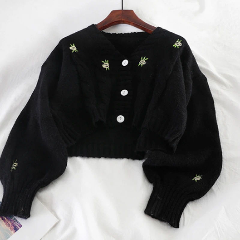 

2020 Korean V Neck Lantern Long Sleeve Knitted Cardigans Female Embroidery Solid Single Breast Short Sweater Coat Autumn New