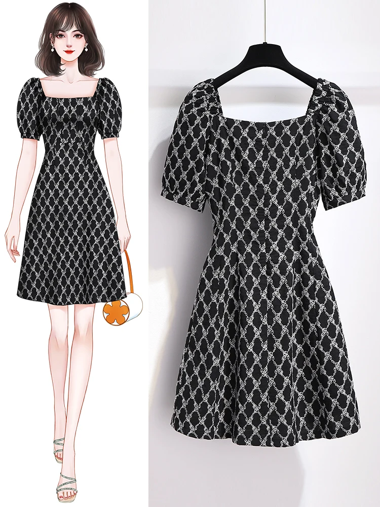 

French Style Retro Black Dress for Women Summer New Small Puff Sleeve Square Collar Skimming Small Black Dress women clothes
