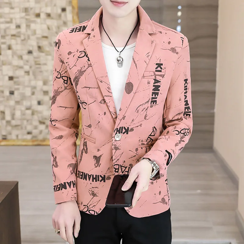 

Loldeal Suit Jacket Men Long-sleeved Letter Printing Polyester Fiber Business Casual