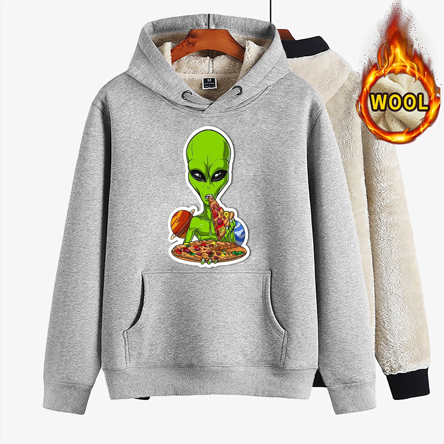 

Pizza Eating Aliens Print Hoodie Warm Wool Casual Loose Sports Long Sleeve Pullover Harajuku Hip Hop Men Women Sweatshirt S-4XL