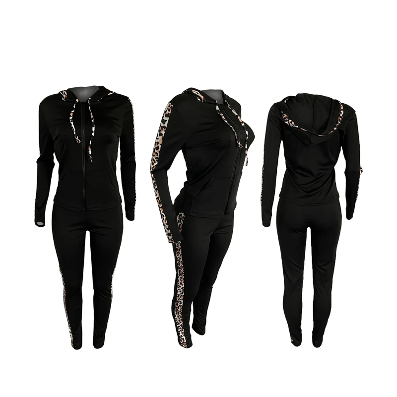 

ZKYZWX Leopard Patchwork Hoodies Two Piece Joggers Women Set Zip Long Sleeve Tops Fall Fashion Sweatpants Lounge Wear Matchin