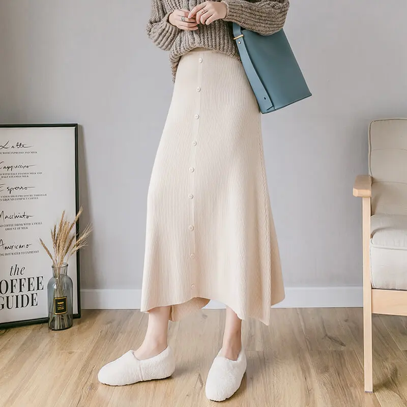 

2020Autumn Winter New Arrivals Women High Waist Stretch Simple Solid Knitted Skirts Large Swing A-line Long Skirts Free Shipping