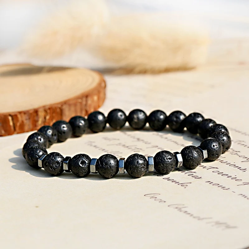 8mm Beaded Men Bracelets Black Lava Stone Hematite Beads Charm Bracelet Women Prayer Jewelry Yoga Dropshipping Pulsera Hombre | Украшения и