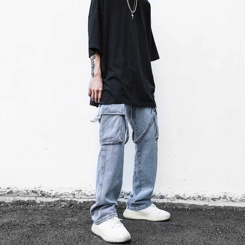 Multi-Pocket Strapped Straight-Leg Jeans Men's Loose Fit Retro Washed Worn Trousers Streetwear Distressed Cargo Pants