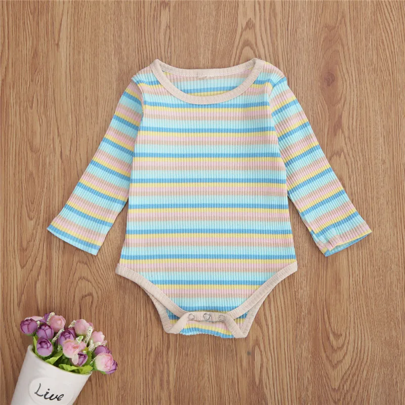 

Newborn Baby Girl Boys Clothes Rainbow Striped Long Sleeve Rompers Knitted Cotton Romper Jumpsuit One-Piece Outfit Baby Sunsuit