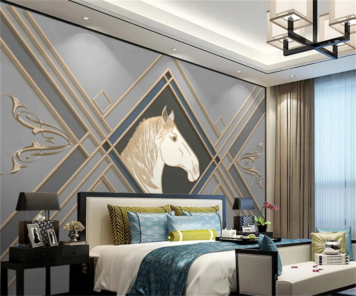 

Customize any size hotel tooling mural wallpaper geometric European pattern horse figure light luxury golden line backgroundwall