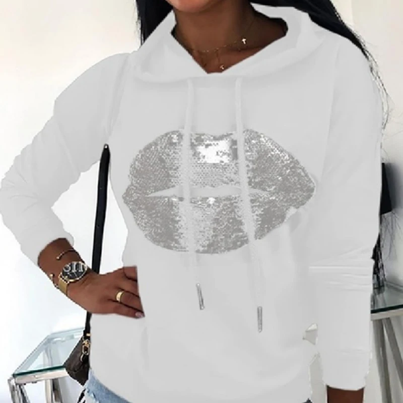 

Women's Sequins Lip Printed Hoodies Sweatshirt Front Pocket Long Sleeve Loose Female Hoodie Autumn Fashion Ladies Hooded Tops