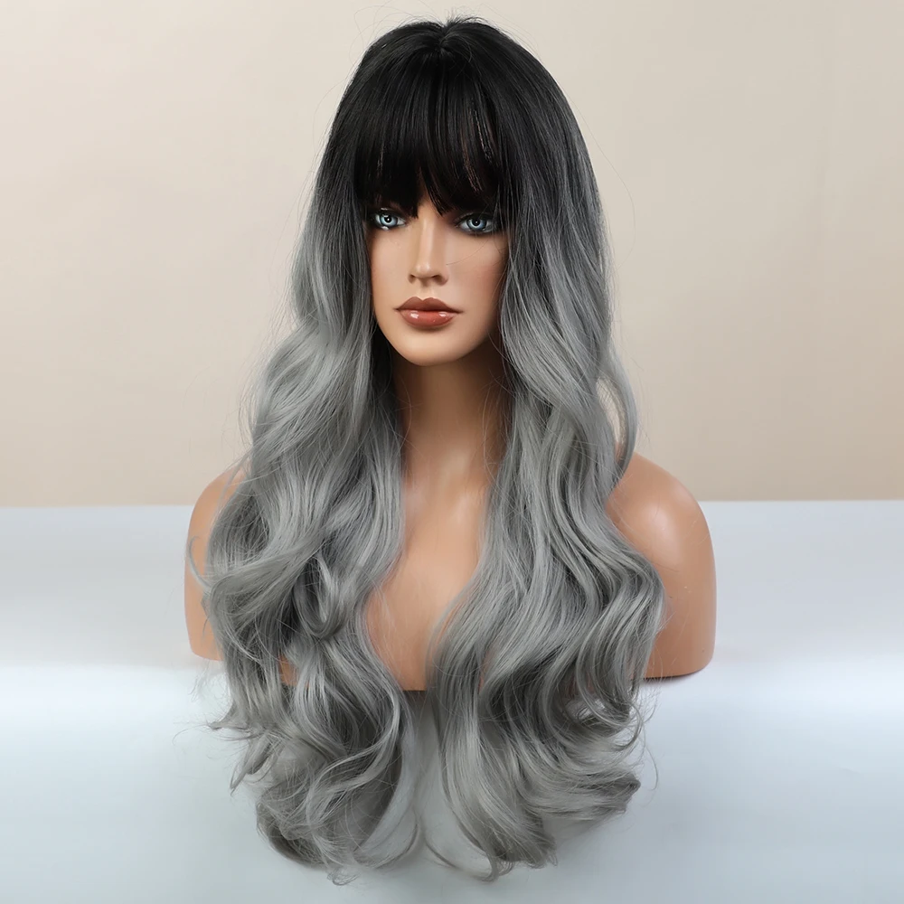 BLONDE UNICORN Long Wavy Synthetic Hair Wigs Ombre Grey for Black White Women Natural Wig Hair with Bangs Heat Resistant Fiber