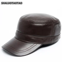 shaluotaotao mens flat cap trend snapback autumn winter new genuine leather hat adjustable size fashion cowhide military hats