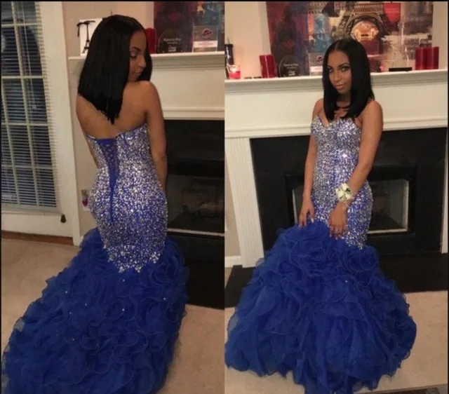 Mermaid Prom Dresses Long 2019 New Crystal Royal Blue Organza Formal Evening Gowns Ladies Dresses For Special Occasions
