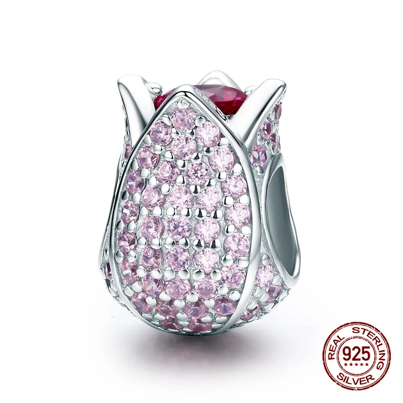 Подлинное серебро 925 пробы тюльпан цветок бутон циркониевая бусина Подвески fit