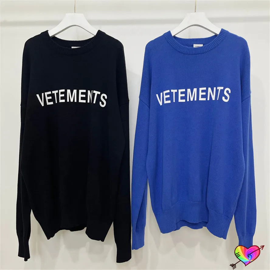 

New Knitted VETEMENTS Sweater Men Women 1:1 High Quality White Letter Print Vetements Logo Sweater Back Collar Mark Pullovers