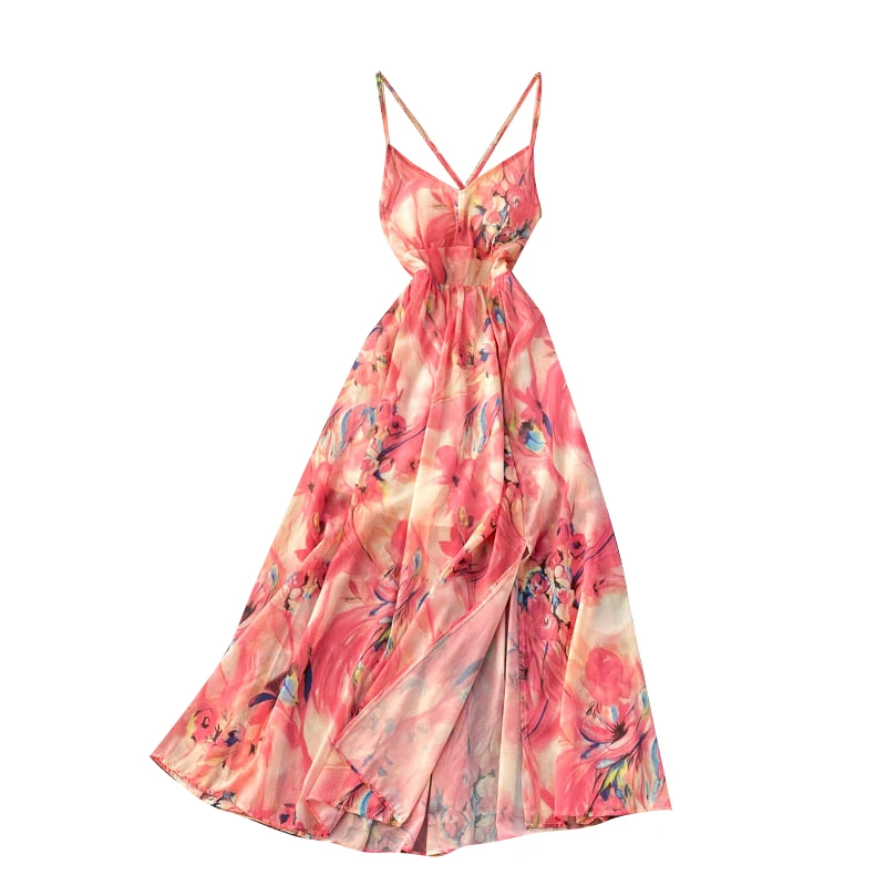 

Bohemian Floral Strap Dress Women Korean Chic Backless A-line Party Dresses Summer Sexy Off Shoulder Split Beach Dress
