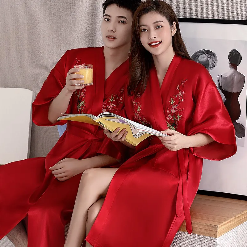 

Embroidery Flower Lovers Robe Casual Loungewear Satin Bathrobe Gown Couple Sleepwear Loose Kimono Gown Home Dressing Gown