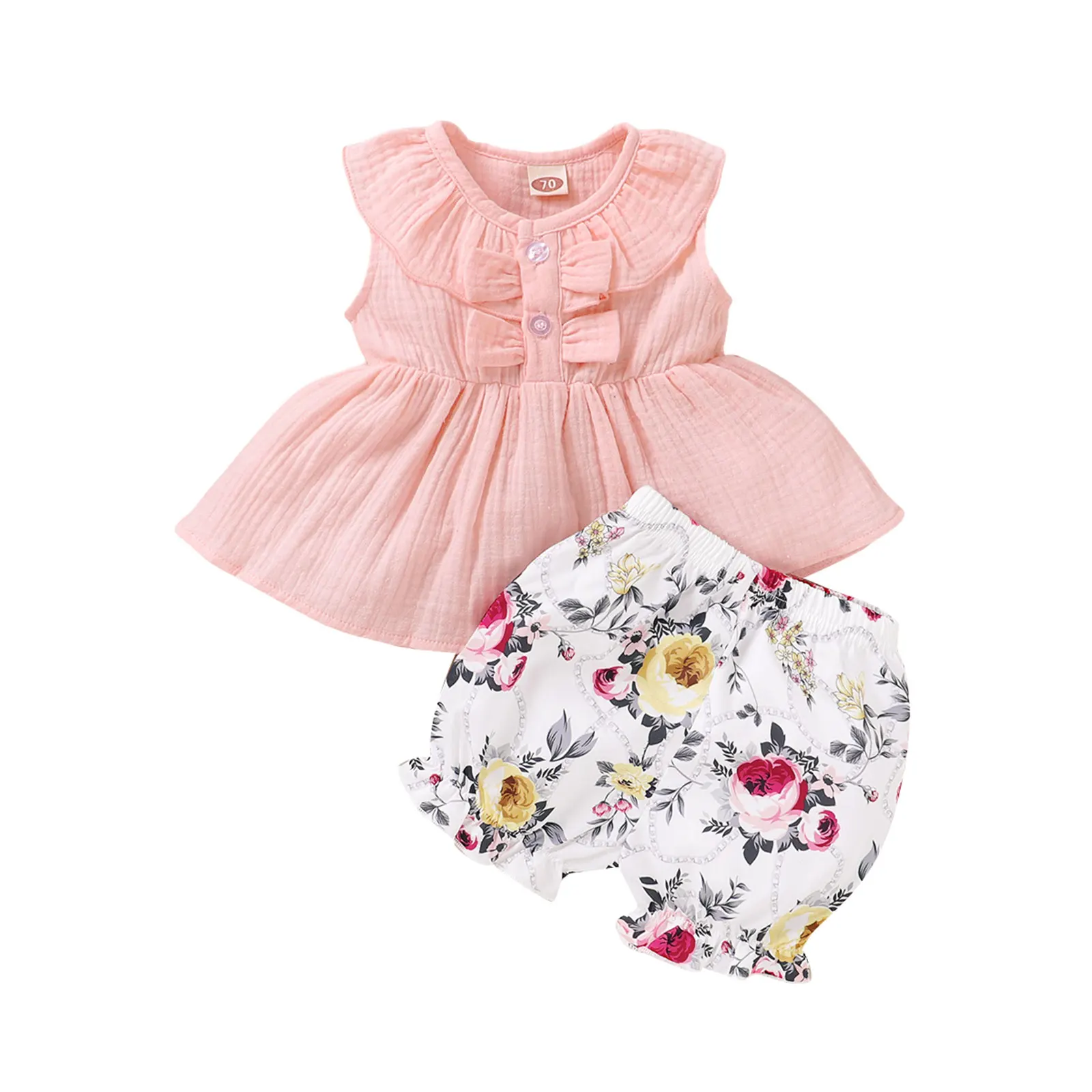 

Pudcoco 2021 Summer 3M-3Y Baby Girl 2Pcs Set Dress-Style Pink Ruffled Neck Sleeveless Button Top+Floral Print Shorts Clothes