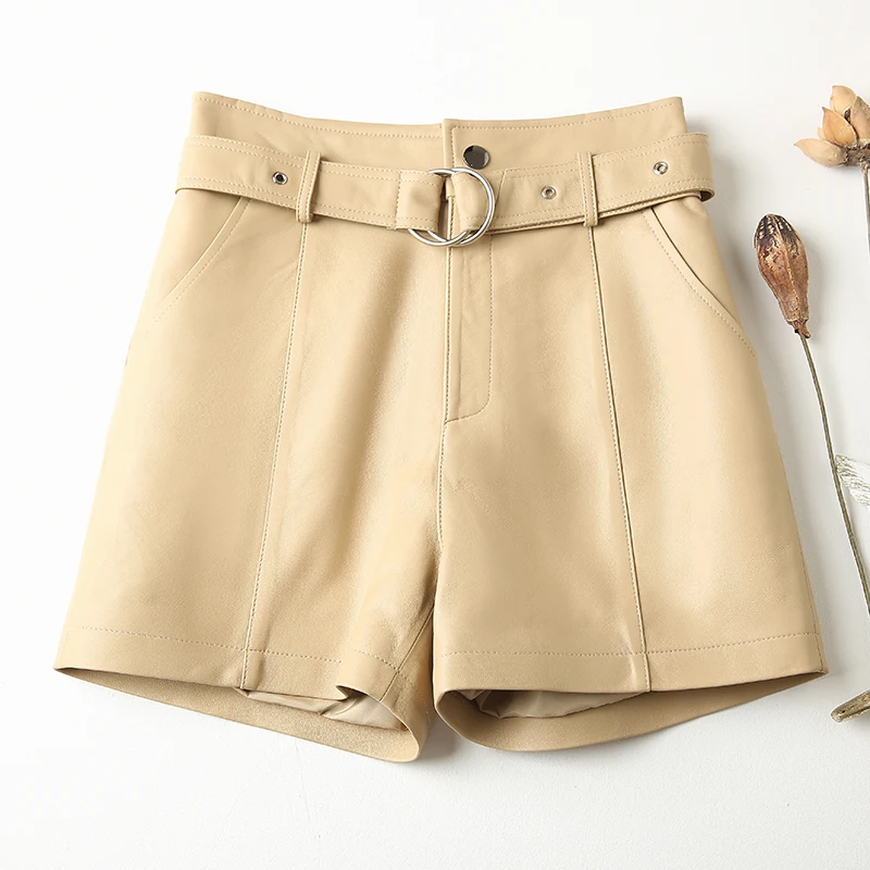 Genuine Leather Shorts Womens New High Waist Straight Sheepskin Shorts Pockets Sashes High Quality Korean Style Fashion Shorts