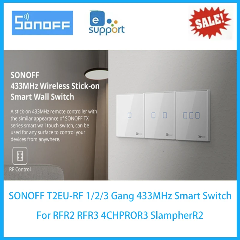 

SONOFF T2EU-RF Smart WiFi Wall Touch Switch Smart Home 1/2/3 Gang 433MHz Light Switch For RFR2 RFR3 4CHPROR3 SlampherR2