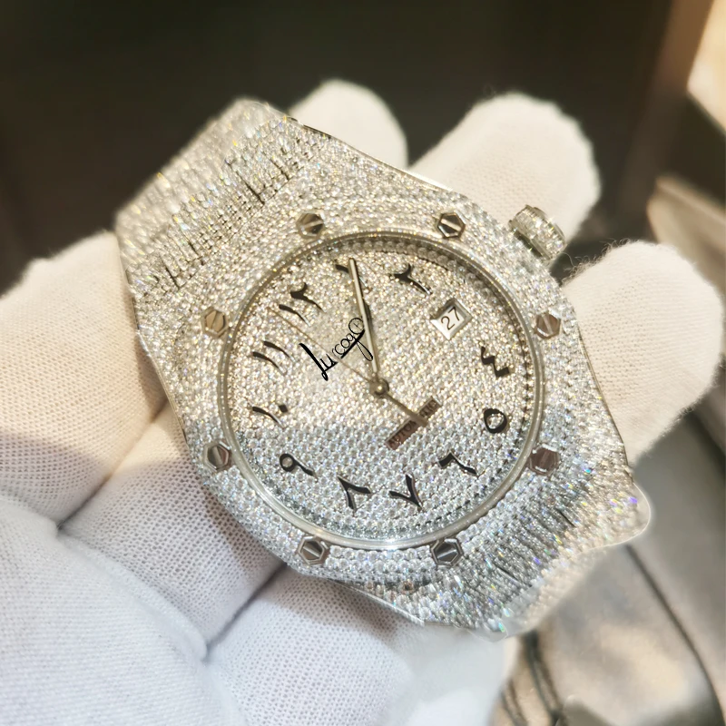 

Silver iced out watch Arabic numbers Swiss Eta movement excellent quality sapphire glass glide smooth second hand watches