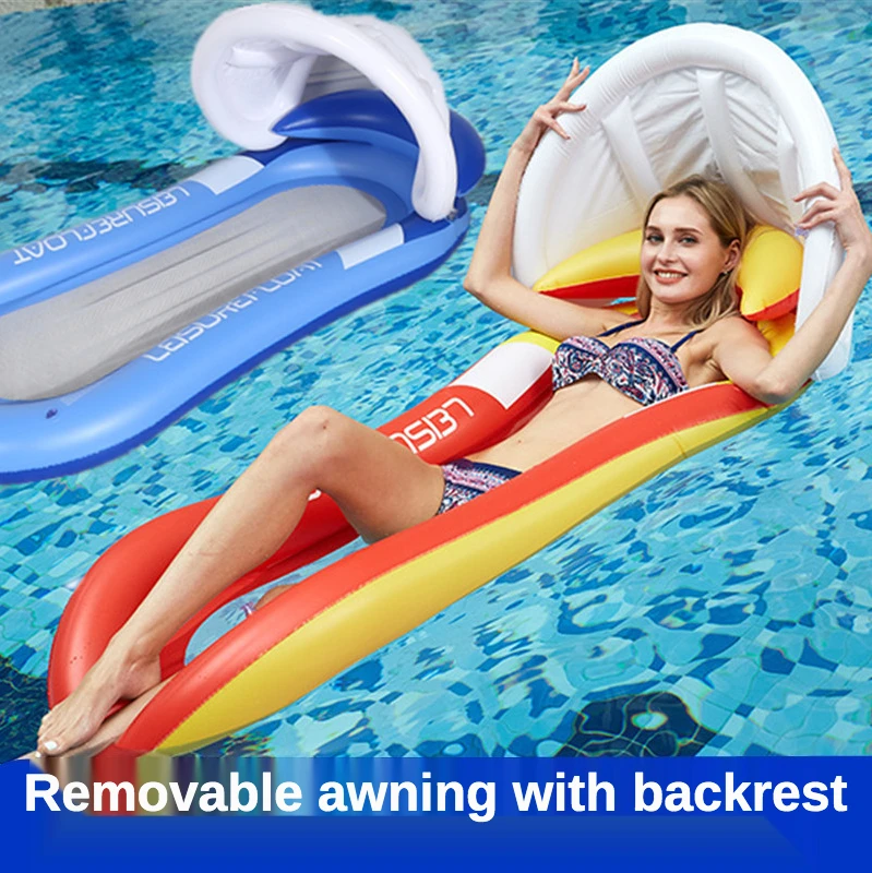 

Inflatable Airbed Pool with Removable Sunshade Awning PVC Swimming Air Mattress Outdoor Foldable Chair Backrest Water Hammock