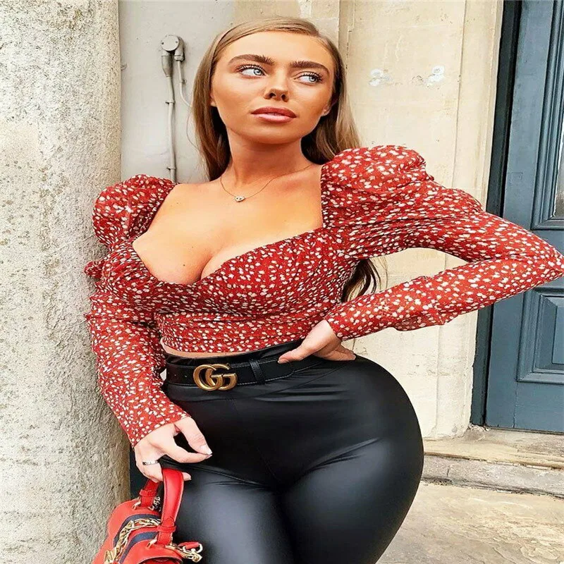 Женская футболка весна 2020 винтажный горошек квадратный вырез оборки Длинные