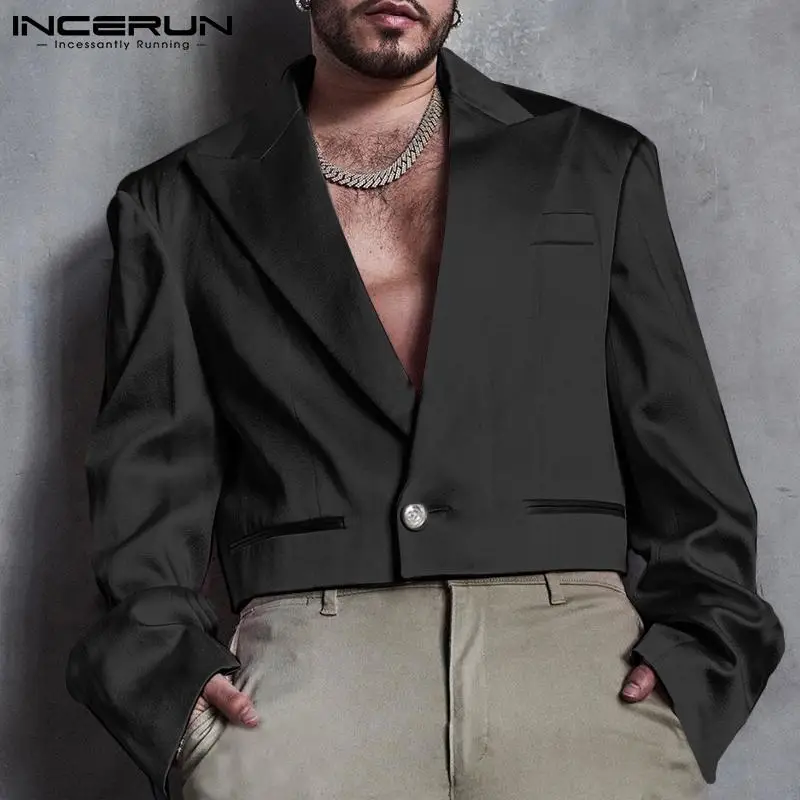 

Красивые хорошо облегающие мужские короткие атласные блейзеры с длинным рукавом однотонные мужские костюмы свободного кроя на пуговицах в...