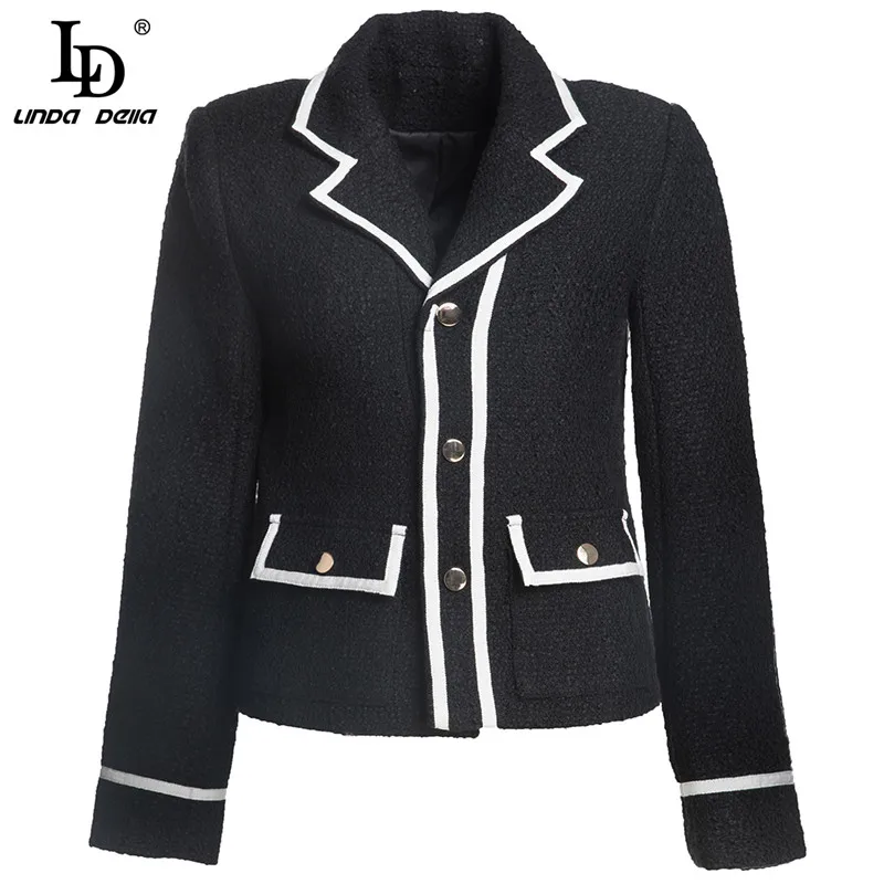 

LD LINDA DELLA 2021 осенне-зимняя модная черная куртка женская однобортная верхняя одежда с длинным рукавом и отложным воротником из твида