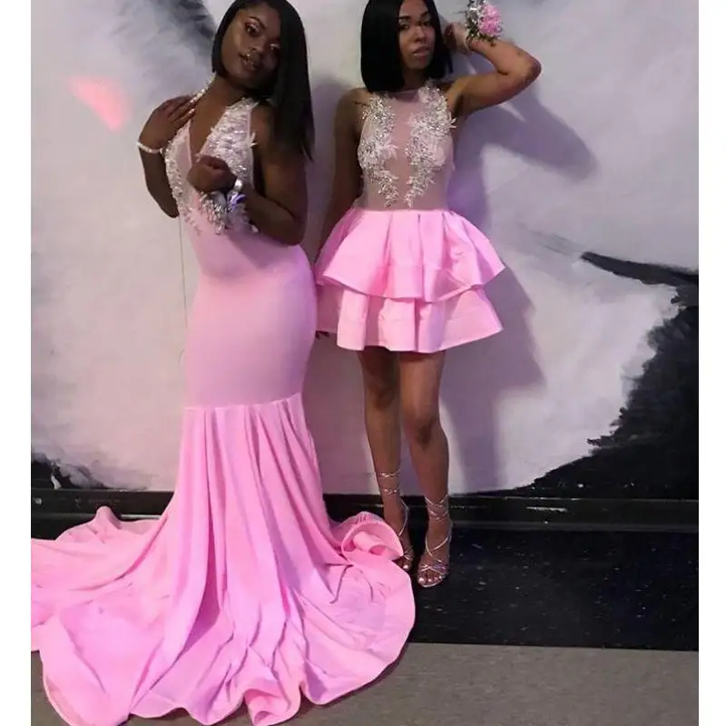 

Pink Prom Dresses New Mermaid Beading Lace Open Back Formal Evening Dress Short Piece Illusion Party Gowns Custom Made