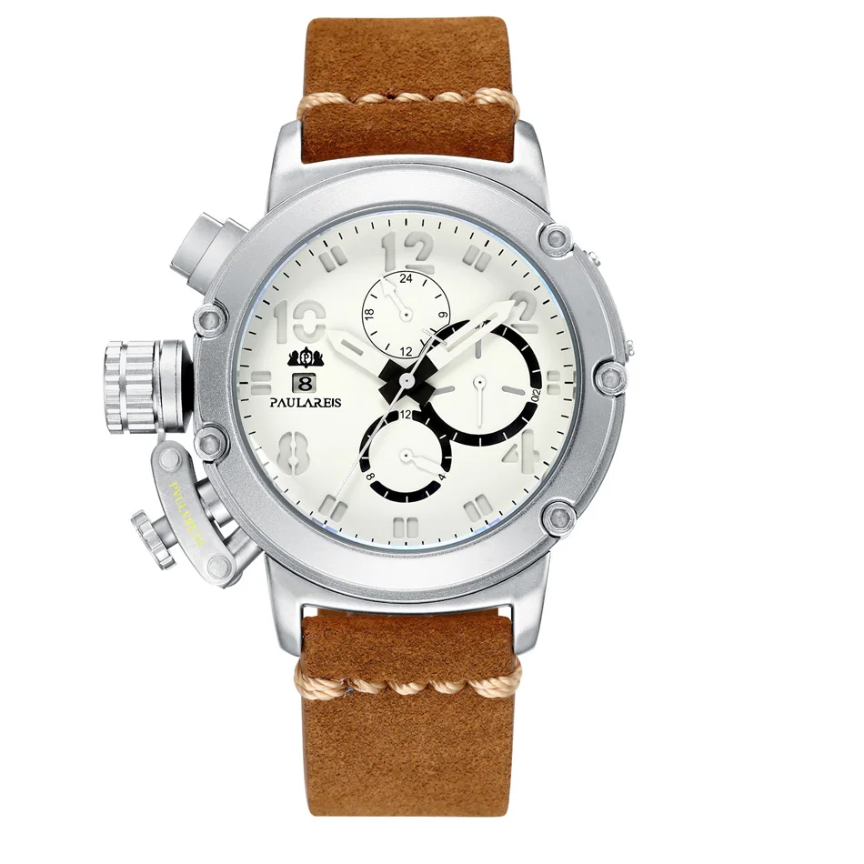Silver White White Автоматические Механические Многофункциональные мужские часы из натуральной коричневой кожи с подсветкой и датой и месяцем - Цвет: Silver White White